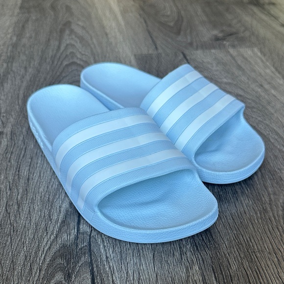 Adidas Sky Blue Slides with White Stripes - Picture 1 of 4